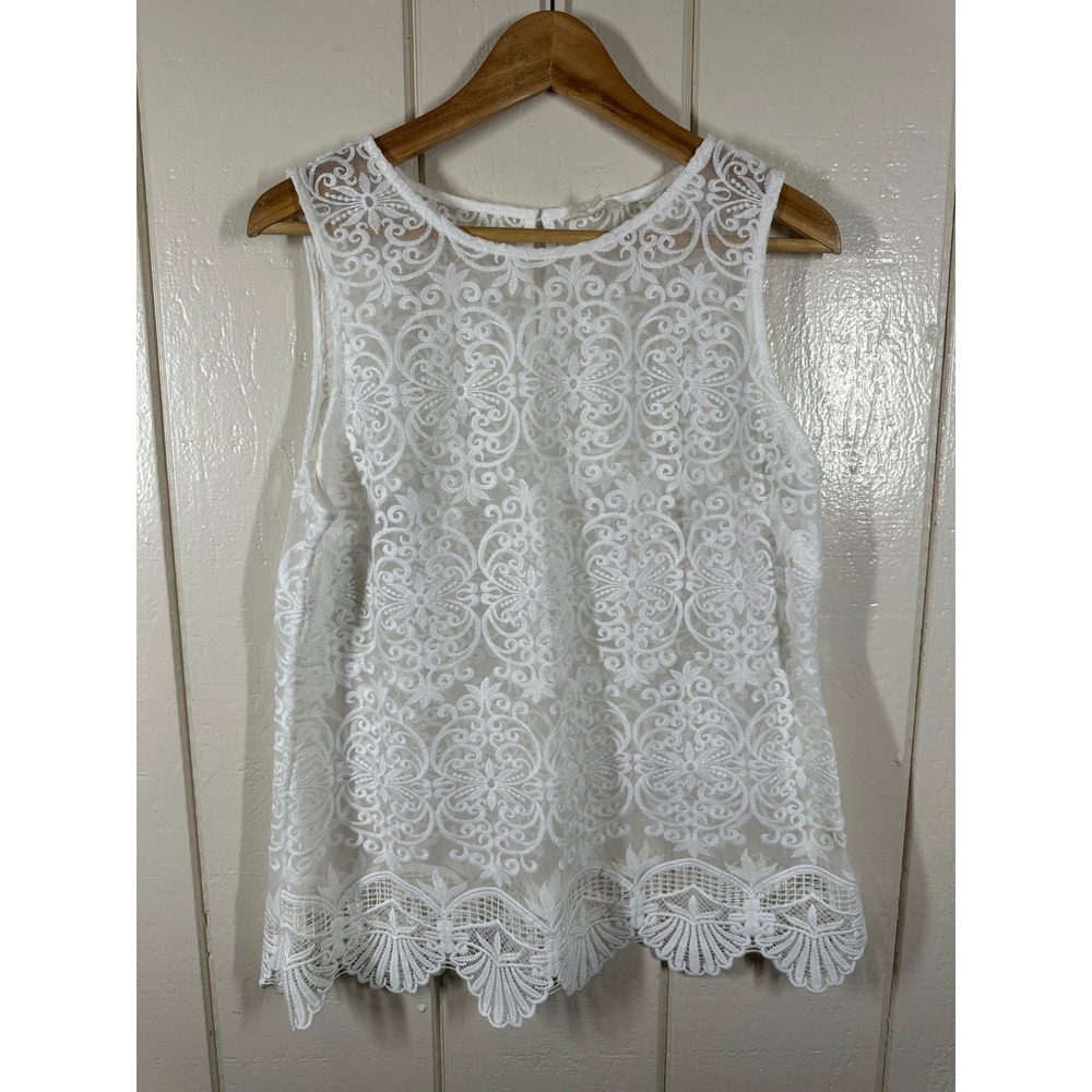 Adiva Top Womens Large White Lace Sleeveless Scalloped Hem Floral Mesh Boho 7478